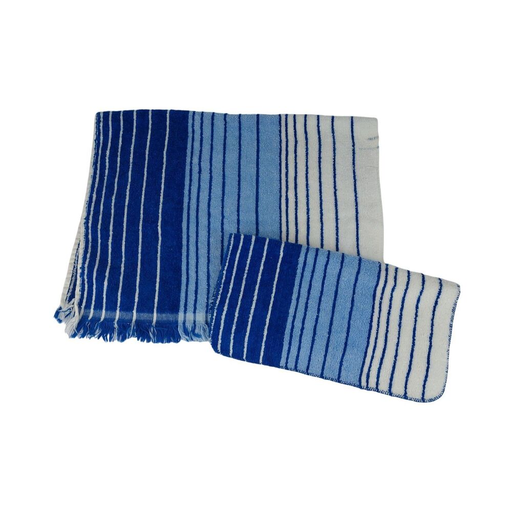Vtg Cannon Hand Towel & Washcloth Blue White Striped Fringed USA